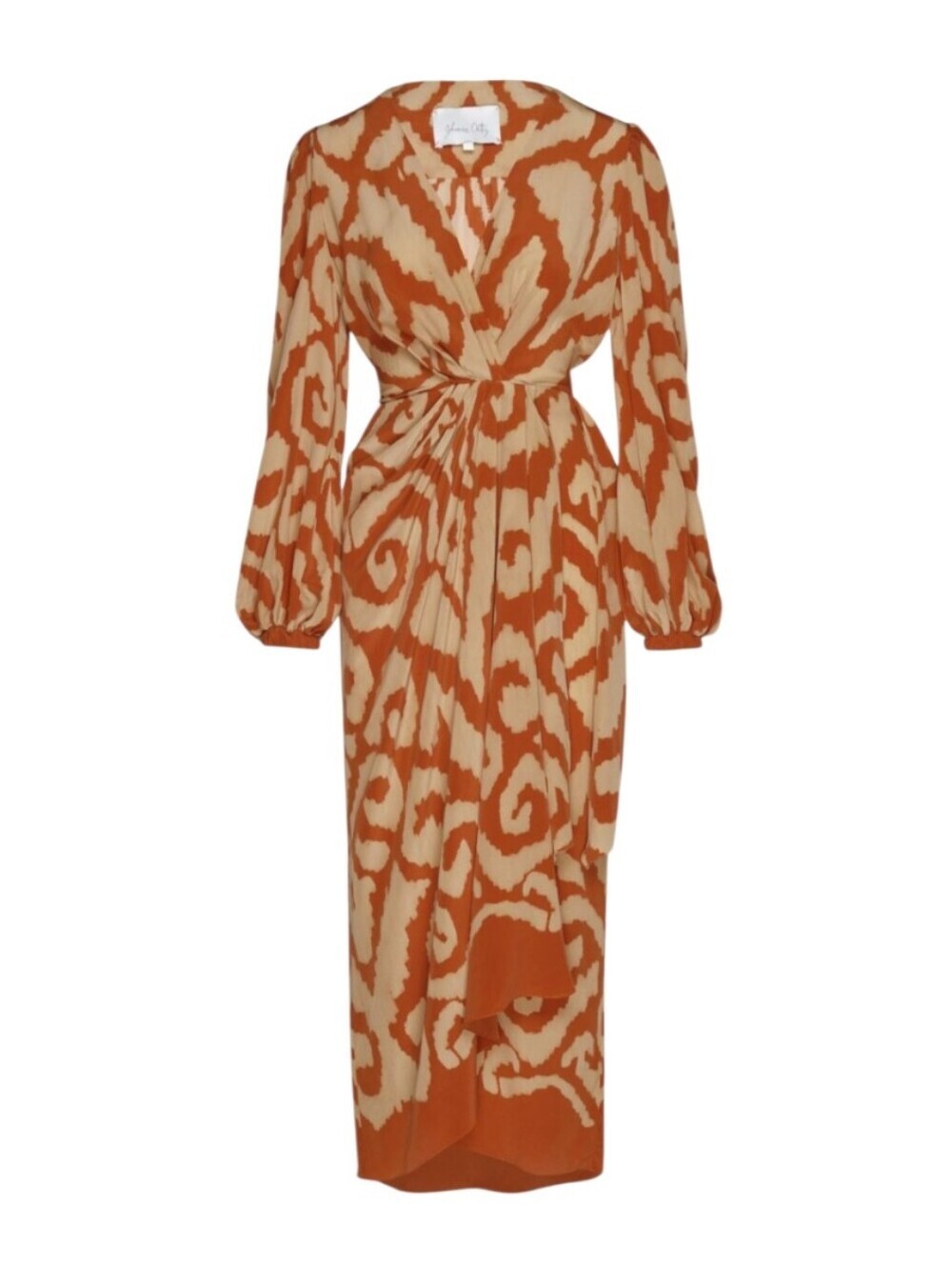 Johanna Ortiz Aqua Identity Long Sleeve Wrap Midi Dress in ikat print 100% silk